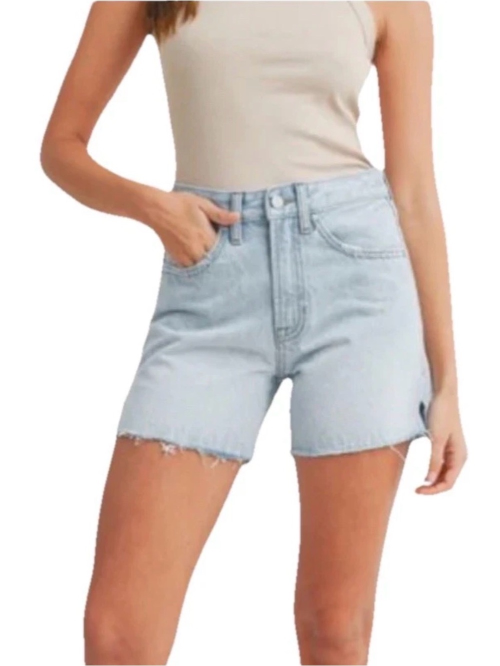 JBD Light Wash High Rise Side Slit Frayed Raw Edge Hem Denim Shorts Sz Large
